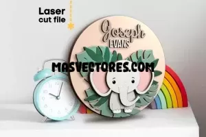 Letrero con nombre de bebé de elefante SVG, archivo cortado con láser para Glowforge
