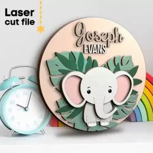 Letrero con nombre de bebé de elefante SVG, archivo cortado con láser para Glowforge