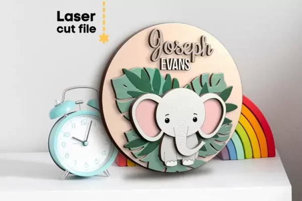 Letrero con nombre de bebé de elefante SVG, archivo cortado con láser para Glowforge