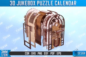 Calendario rompecabezas 3D de Jukebox cortado con láser, calendario perpetuo SVG