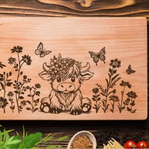 Diseño de vaca bebé de las Highlands, tabla de cortar SVG, SVG cortado con láser