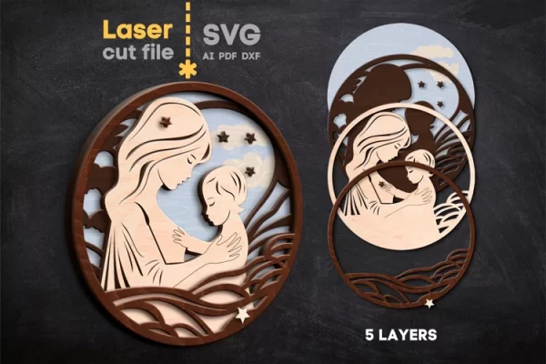 Archivo SVG cortado con láser de mamá con niño