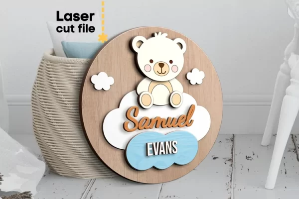 Letrero con nombre de oso para bebé SVG, archivo cortado con láser
