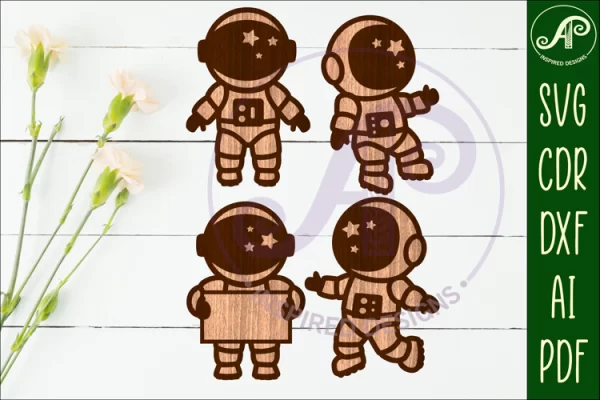 Diseño de contorno de astronauta con casco de estrella recortado en dos capas.