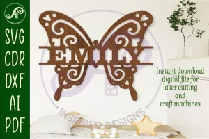 Diseño de remolinos de mariposa, 1 letrero con nombre, archivo cortado con láser SVG