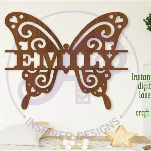 Diseño de remolinos de mariposa, 1 letrero con nombre, archivo cortado con láser SVG