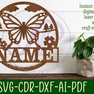 Plantilla cortada con láser para letrero con nombre de mariposa