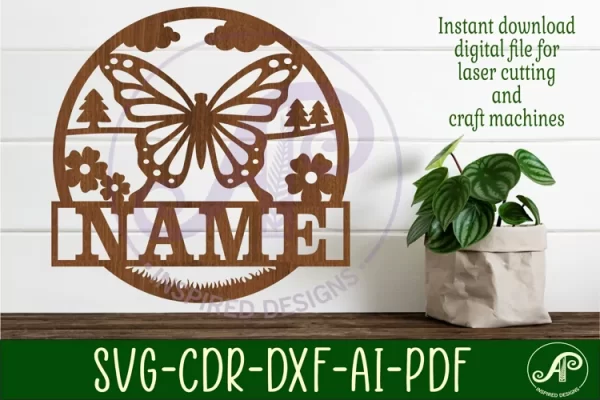 Plantilla cortada con láser para letrero con nombre de mariposa