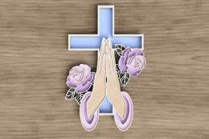 Archivo religioso cortado con láser: Cruz con manos en oración