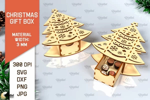 Caja de regalo de Navidad cortada con láser. Diseño SVG de caja de regalos 3D