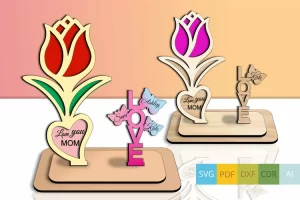 Día de la Madre Flor Regalo Corazón Florero Amor Soporte Tulipán SVG Láser