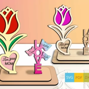 Día de la Madre Flor Regalo Corazón Florero Amor Soporte Tulipán SVG Láser