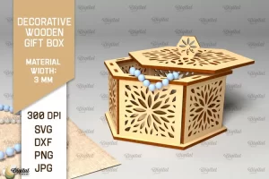 Caja de regalo decorativa de madera cortada con láser. Caja de almacenamiento 3D SVG