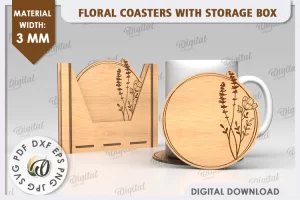 Posavasos florales con caja de almacenamiento. Decoración del hogar SVG