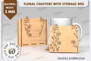 Posavasos florales con caja de almacenamiento. Decoración del hogar SVG
