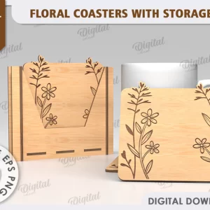 Posavasos florales con caja de almacenamiento. Decoración del hogar SVG