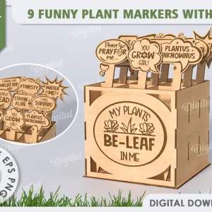 Marcadores de plantas divertidos con caja cortada a láser. Estacas de jardín SVG.