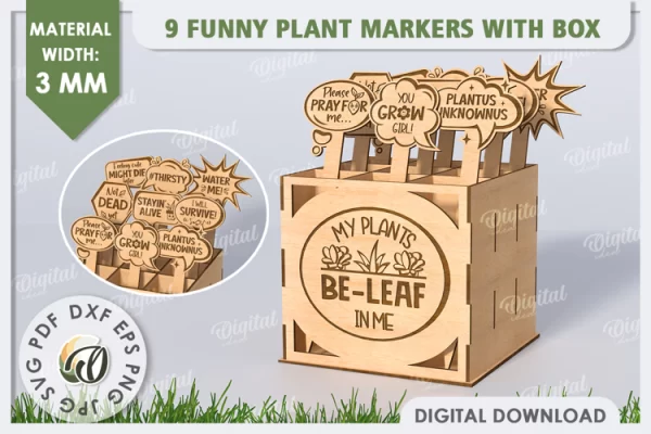 Marcadores de plantas divertidos con caja cortada a láser. Estacas de jardín SVG.