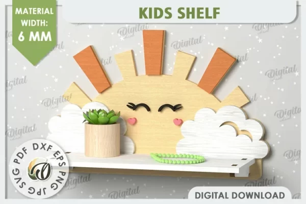 Diseño de corte láser de estante de pared solar. Estante para habitación de niños SVG