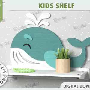Diseño de corte láser de estante de pared de ballena. Estante para habitación de niños SVG