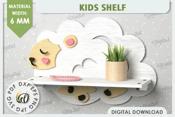 Diseño de corte láser de estante de pared de oveja. Estante para habitación de niños SVG