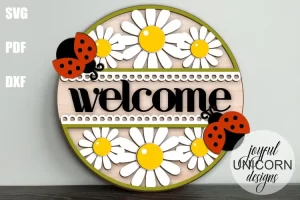 Letrero de bienvenida con margaritas | Colgante de puerta con mariquitas | Letrero de verano SVG