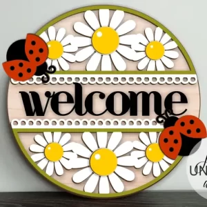 Letrero de bienvenida con margaritas | Colgante de puerta con mariquitas | Letrero de verano SVG