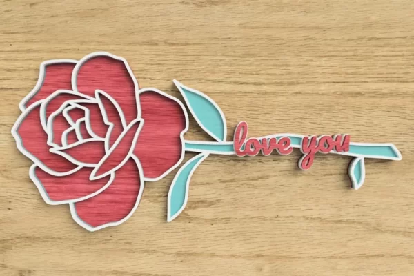 Archivo cortado con láser de amor: rosa en capas con texto 'Love You'