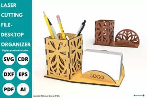 Tarjeta de presentación con diseño de flor de mandala y portalápices cortado con láser