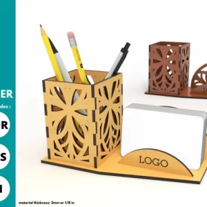 Tarjeta de presentación con diseño de flor de mandala y portalápices cortado con láser