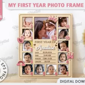 Marco de fotos de mi primer año cortado a láser. Marco de fotos de bebé SVG.