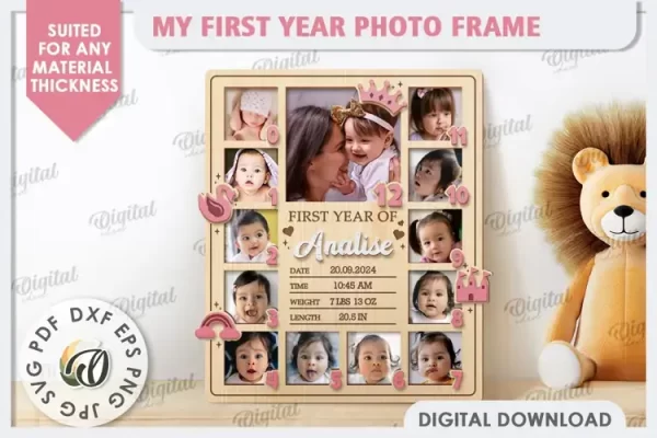 Marco de fotos de mi primer año cortado a láser. Marco de fotos de bebé SVG.