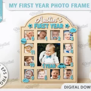 Marco de fotos de mi primer año cortado a láser. Marco de fotos de bebé SVG.