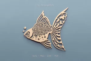 Archivo SVG DXF de corte láser de pez dorado, Mandala Zentangle de pez dorado