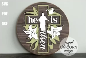 Colgador de puerta "Él ha resucitado" SVG | Letrero religioso de Pascua SVG