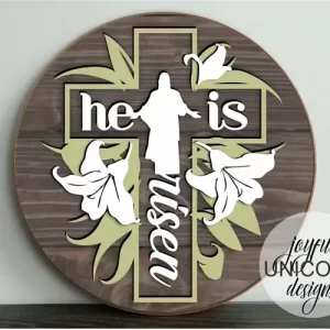 Colgador de puerta "Él ha resucitado" SVG | Letrero religioso de Pascua SVG