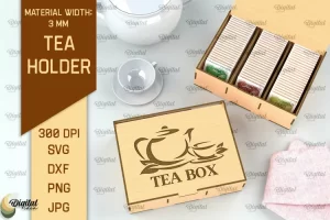 Corte láser de caja de té. Soporte de bolsa de té SVG. Láser de caja de té de madera