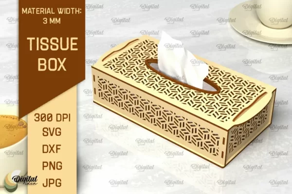 Caja de madera de tejido cortada con láser. Caja de pañuelos decorativa SVG