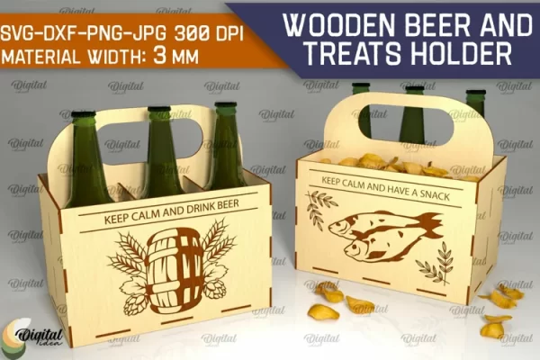 Porta cerveza y golosinas de madera cortado con láser. Caja de botellas SVG