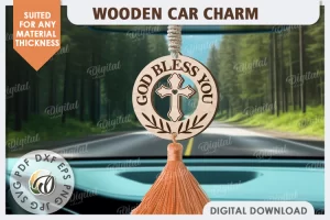 Dije cristiano para coche cortado con láser. Dije de madera para coche. SVG religioso.