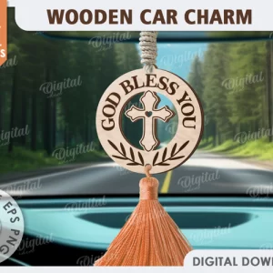 Dije cristiano para coche cortado con láser. Dije de madera para coche. SVG religioso.