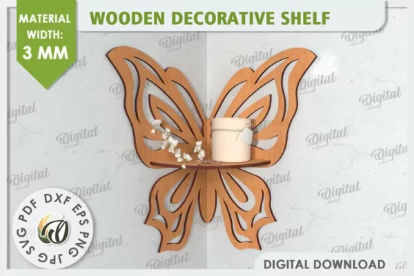 Estante de esquina de mariposa cortado con láser. Estante decorativo SVG