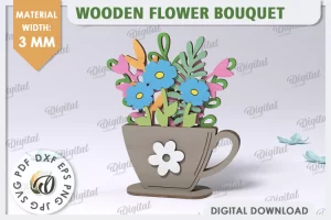 Ramo de flores de madera 3D cortado con láser. SVG para el Día de la Madre.