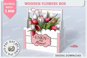 Caja de flores de madera cortada con láser. Caja de regalo. Día de las Madres SVG