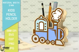 Portalápices infantil de madera cortado con láser. Diseño SVG del soporte de la pluma
