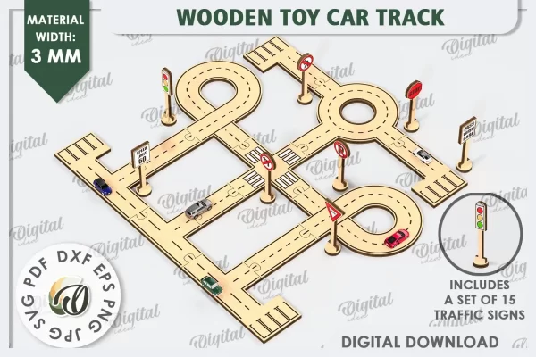 Pista de coches de juguete de madera cortada a láser. Pista de carreras infantil SVG.